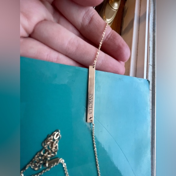 Custom 14k Gold "Serra" Bar Necklace - "INVICTUS" with blackbird - Picture 3 of 15